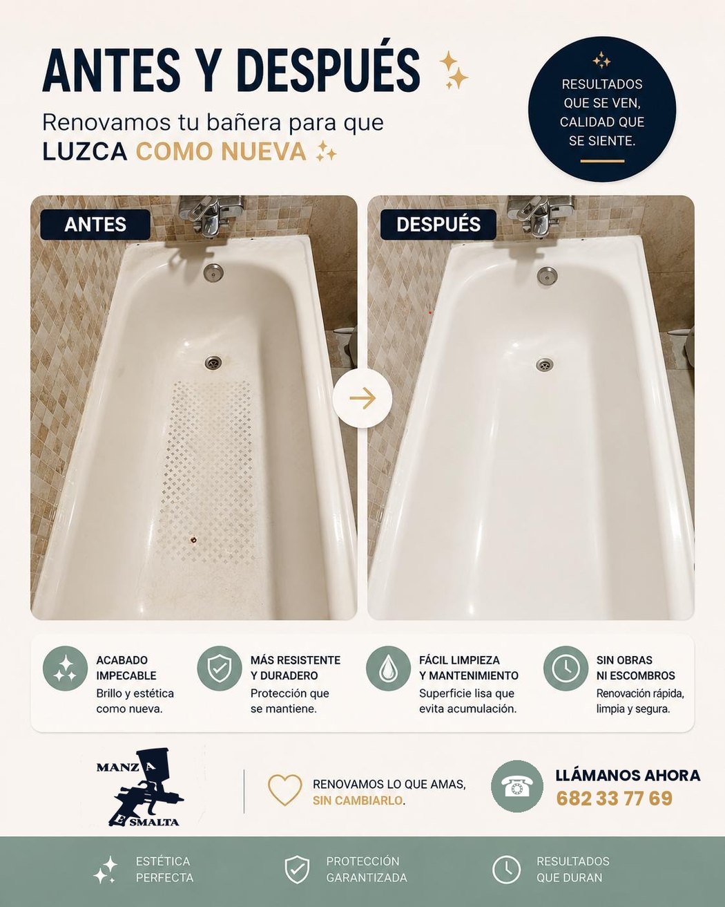 Bañera blanca antes y después del esmaltado